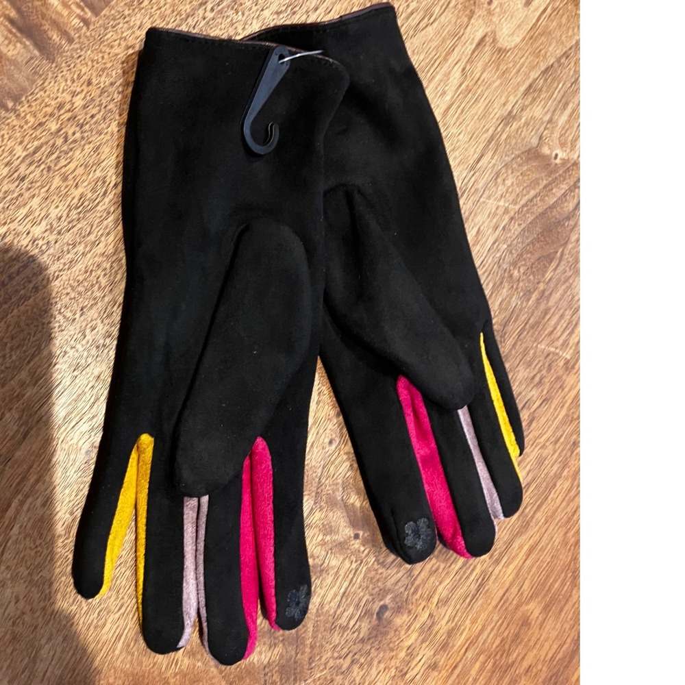 Womens Black Faux Suede Touchscreen Gloves Multi Color Finger Pom Pom Detail NEW